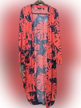 G by Giuliana XL Tropical Print Open Front Duster Cardigan Coral & Navy